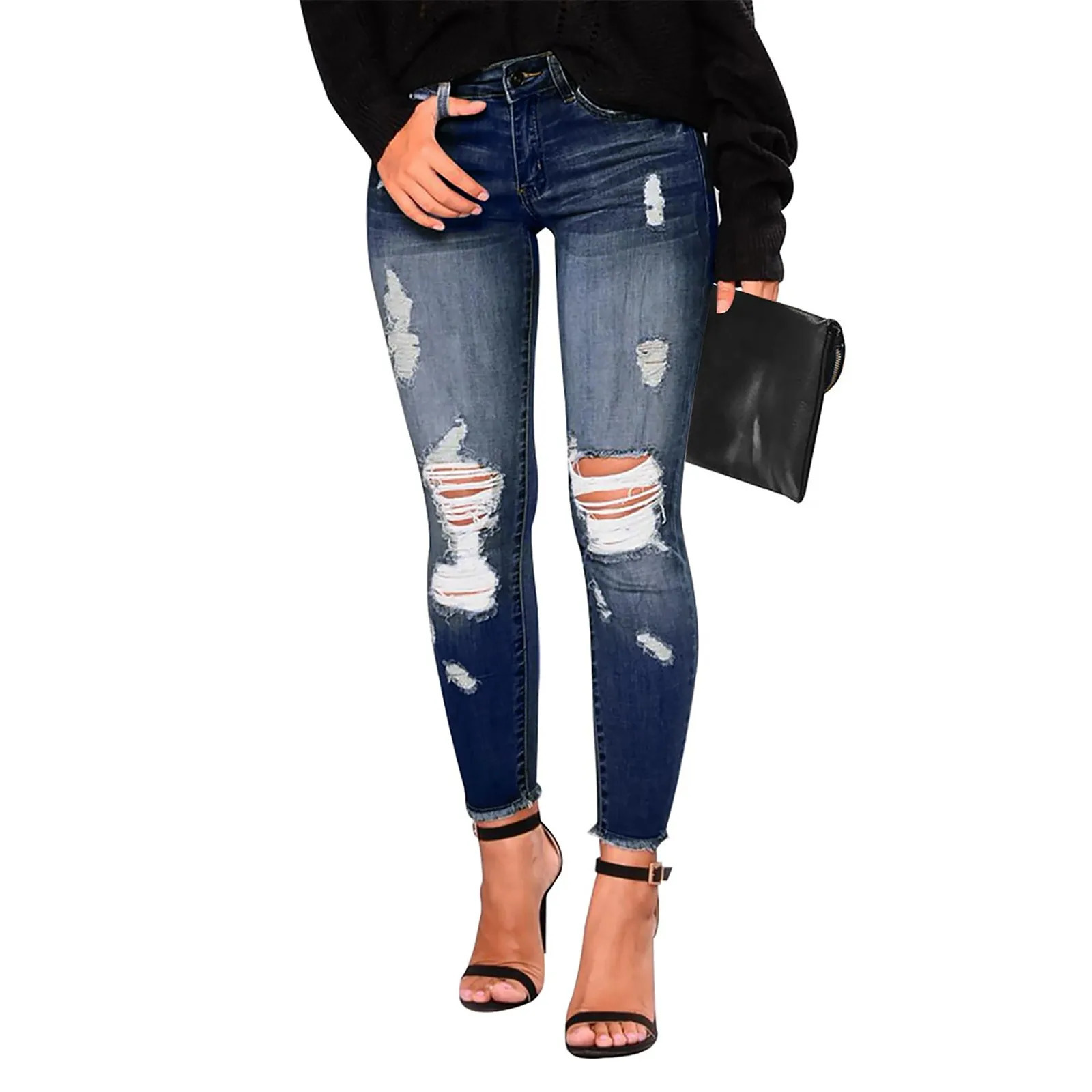 Hip Hop Tear Trouser Womens Tight Trend Jeans Retro 90s Extreme Stretch 250311