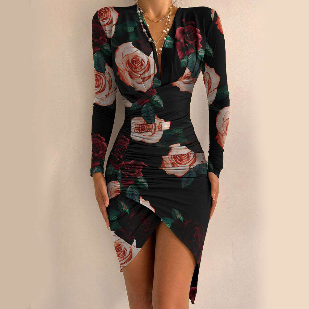 Trendy Sexy V-Neck Printed Long Sleeved Slim Fit Waist Print Dress KLMY