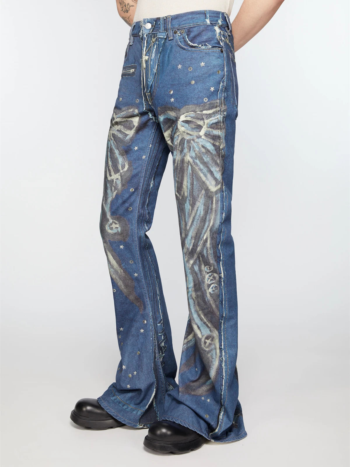 Yao888 Casual Jeans Digital Printing High Quality Bell Bottom Neutral Loose Street Clothing Retro Mens Fashion Jeans 250306