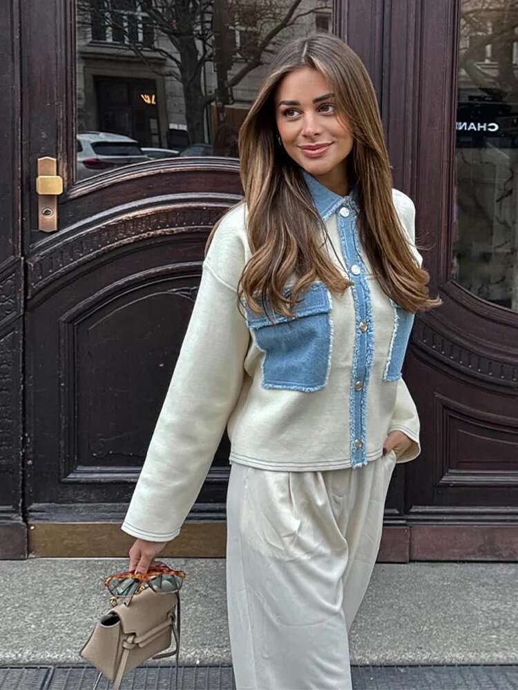 Y2k Women Patchwork Jacket Lapel Long Sleeves Jeans With Packets Spring Casual Lady Denim Coats Designer Outwear Top