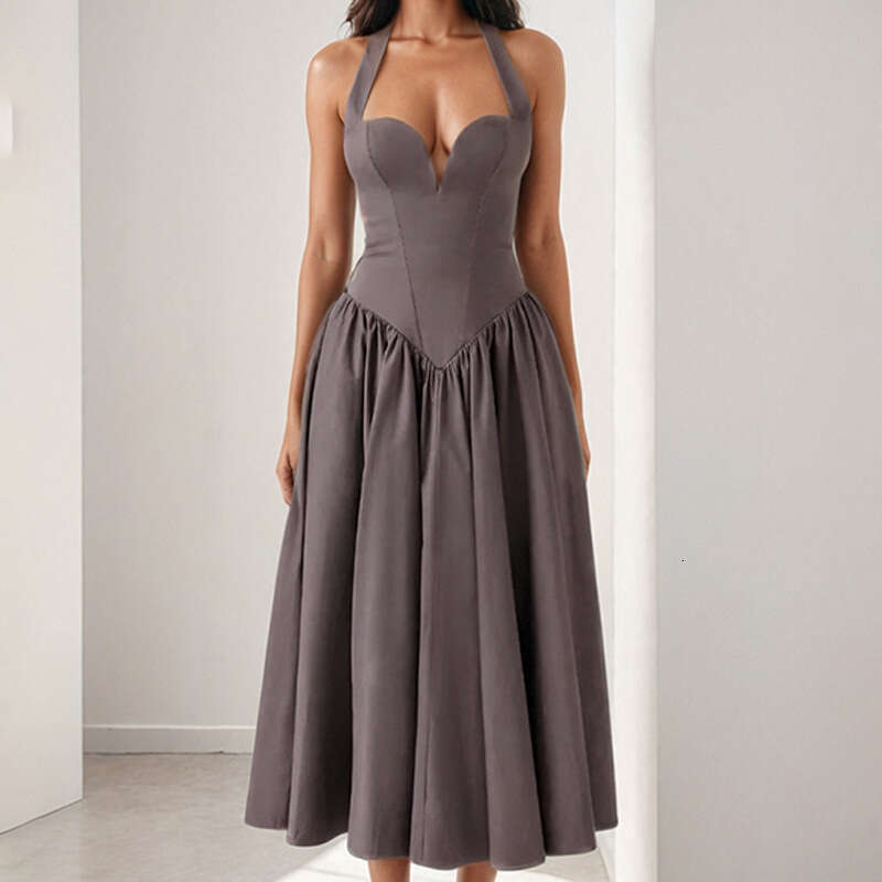 Women's Clothing 2025 Spring New Temperament Sexy Pure Desire Style Hanging Neck Exposed Back Strap Big Swing Dress KLMY