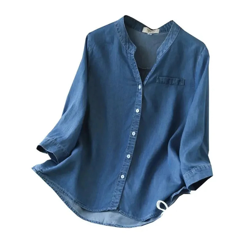 Blue denim Lyocell casual Vneck single chest quarter sleeved womens shirt Korean fashion top 250310