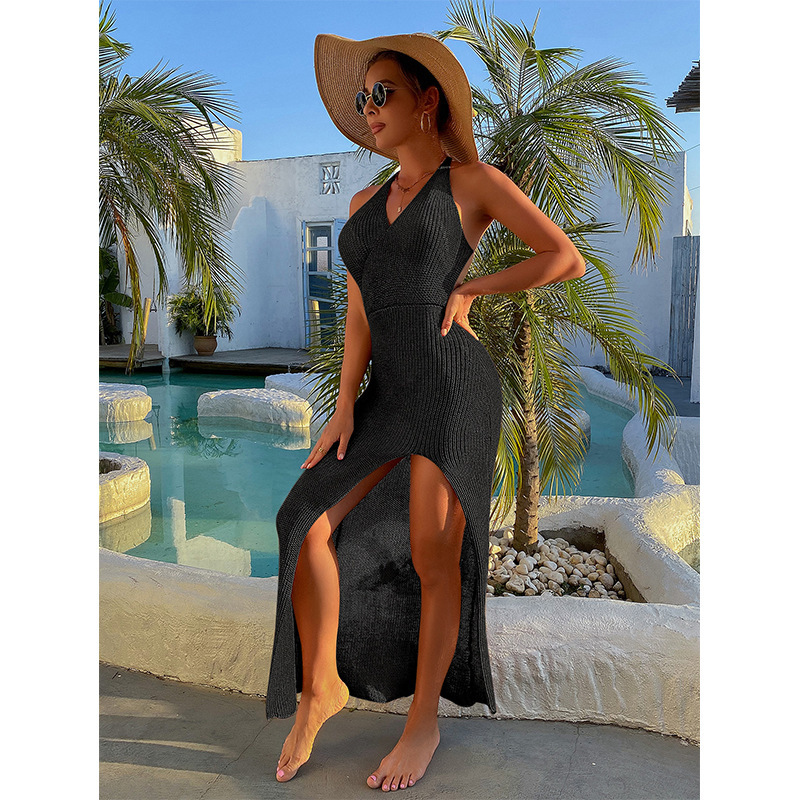 Sexy Backless Cross Tie High Slit V-Neck Long One Step Skirt, Summer Beach Cover, Multi-Color