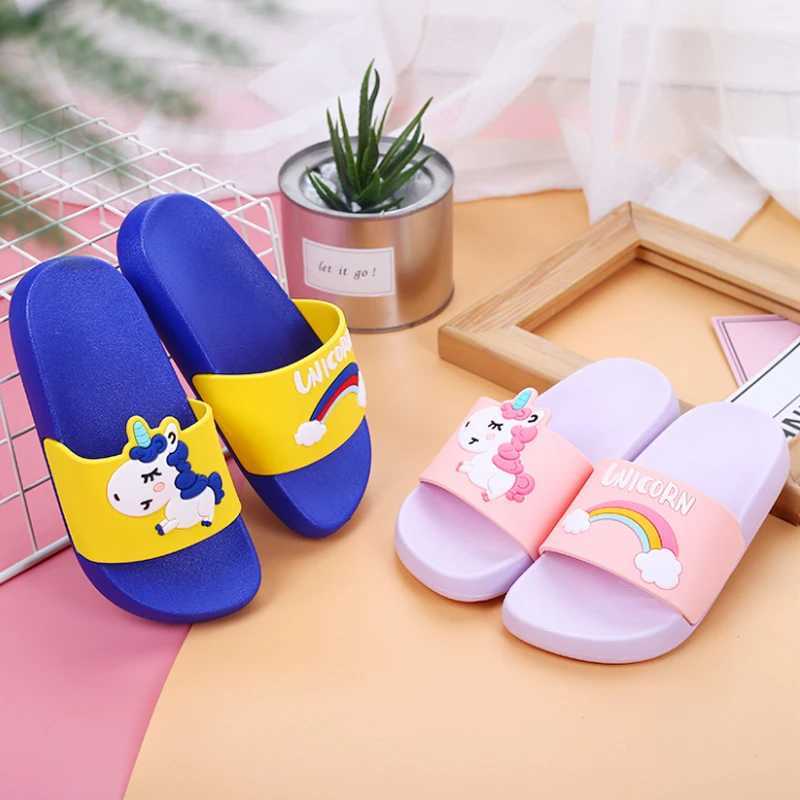 New Unicorn Slippers Boy Girl Summer Kids Rainbow Indoor Slippers Non-Slip Beach Sandals Toddler Home Shoes Baby FlipT250311