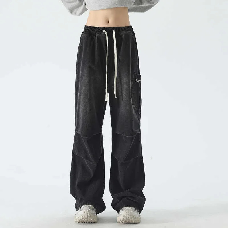 High Street Wrinkle Jeans Mens Cargo Pocket Straight Wide Leg Denim Pantalones Hombre Hip Hop Fashion Bag Y2K 250311