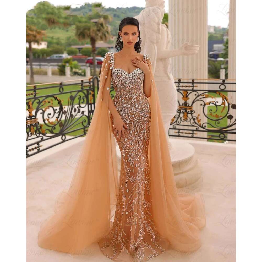 Prom dress long pearls and stones with crystals cape Dubai dress Arabic the evening dress