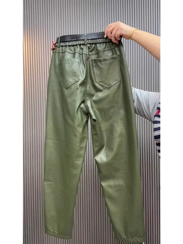 Fashion Y2k Leather Pants High Quality PU Casual Straight Leg Pants Loose Slimming Plus Size Highs Waist Hair Trousers Women 250305
