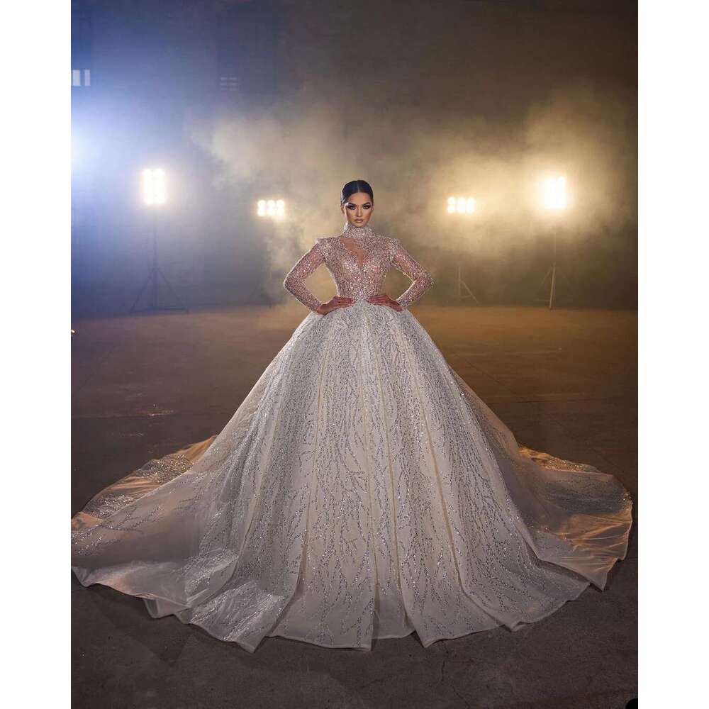 the sparkly ball dress high neck long sleeve lace wedding dresses