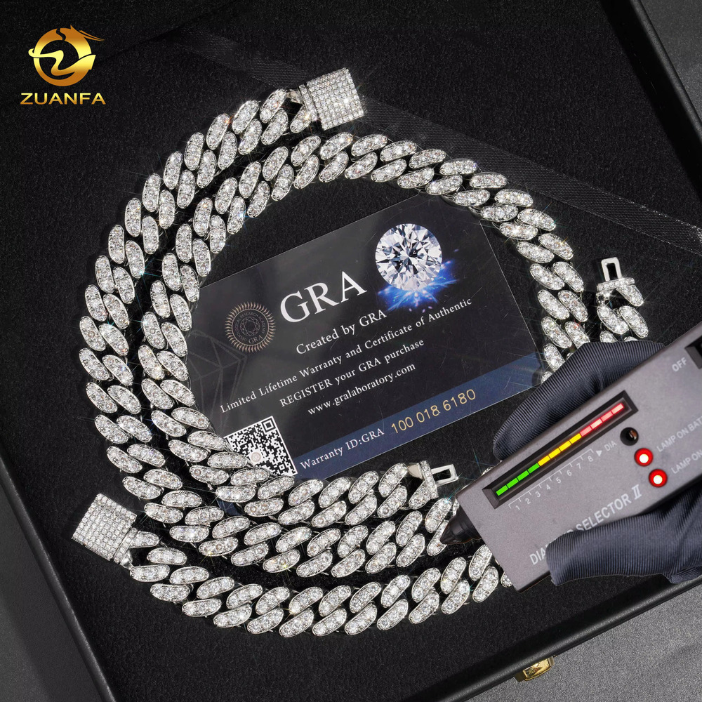 10k 14k Gold Plated One Row 12mm Miami Hip Hop Chain Iced Out Fashion Cuban Chain Moissanite 925 Silver Pass Diamond Test