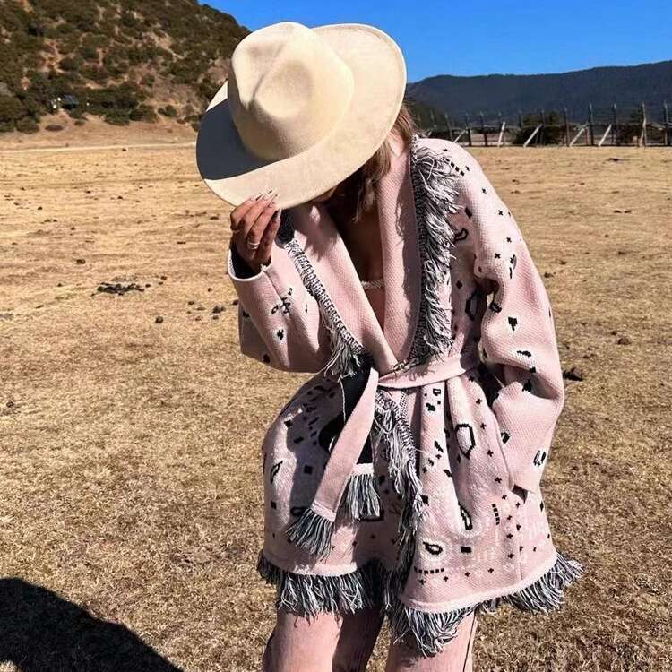 Australian Autumn And Winter Wool Jacquard Sweater Jacket, Niche Tassel Large Lapel Contrasting Mid Length Cardigan