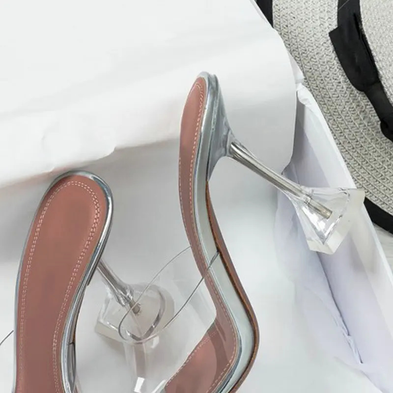 PVC Jelly Sandals Crystal Pointed Toed High Heels Women Transparent Heel Sandals Slippers 10CM Big Size 250310