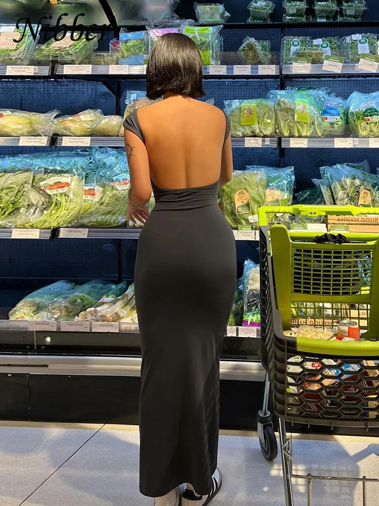 Nibber Solid Sexy Backless Maxi Dress Women Elegant Elastic Slim Short Sleeve Long dresses Female Bodycon Streetwear Clothing 250311