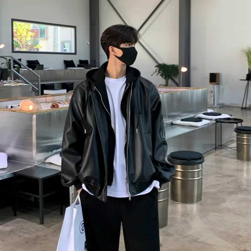 2023 Mens Casual Hooded PU Leather Jacket High Street Zipper Turn-down Collar Long Sleeve Retro Hoodie with Pocket AutumnT250311