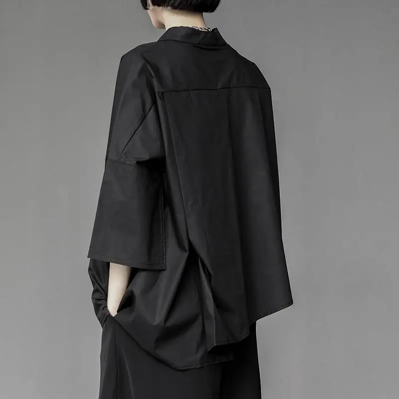 Women Men Shirt Three Quarter Sleeve Blouse Irregular Hem Singlebreasted Solid Color Korean Loose Lapel Summer Spring Top 250311