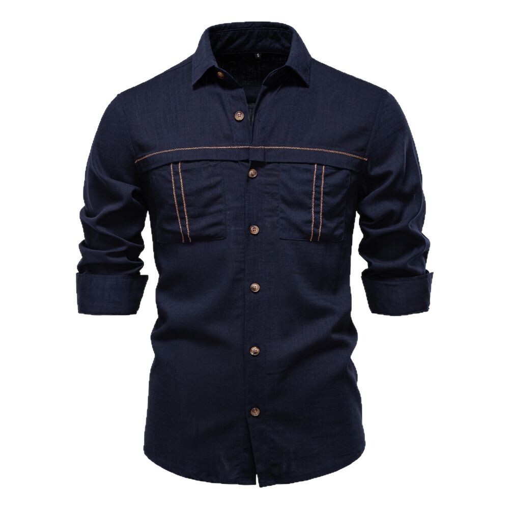 2025 Spring And Summer New Men's Casual European Size Solid Color Pocket Decoration Long Sleeve Shirt For Men