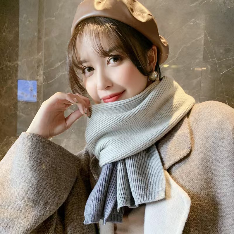 K096 Simple short scarf for women autumn and winter thickened two-color wool knitted chic Japanese style scarf for students Korean version