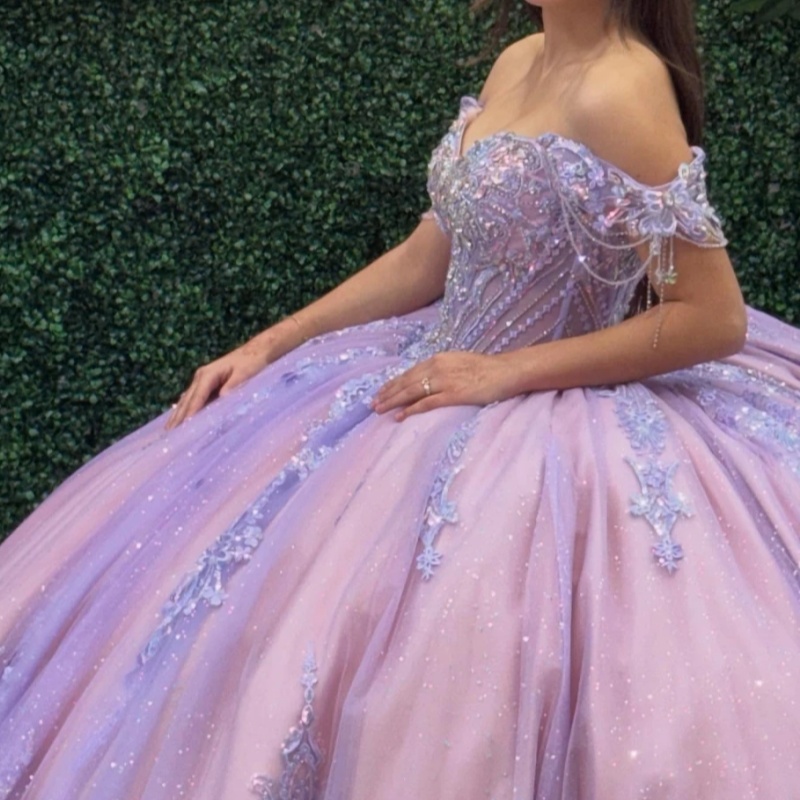 Lilac Shiny Off Shoulder Quinceanera Dresses Applique Lace Beading Tull Corset Party Birthday Sweet 16 Dress Vestidos 15 De Anos