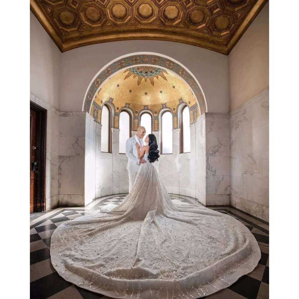Elegant Dresses with Sequins, Exquisite V Neck, Pearls, Mermaid, Beading, One Shoulder, Wedding Dress