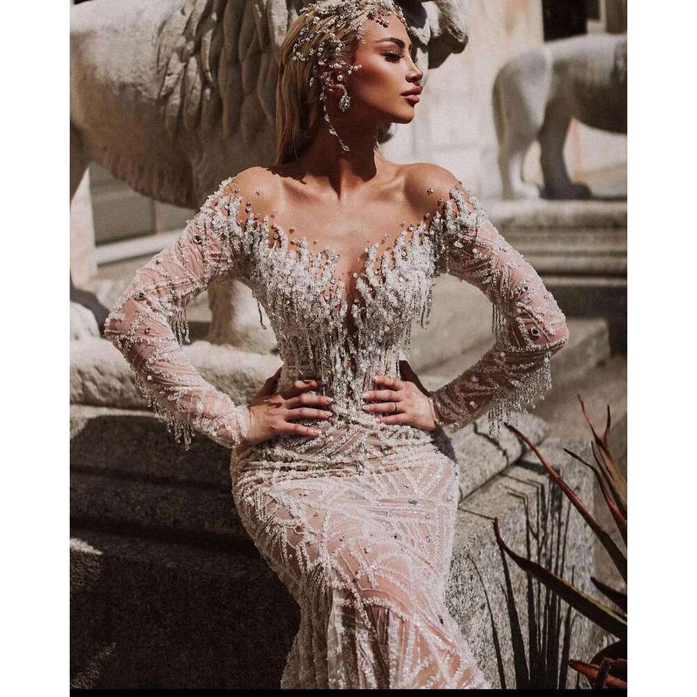 the bright mermaid beads lace sequins bag full sleeve crystal up floor wedding dress robe made to order