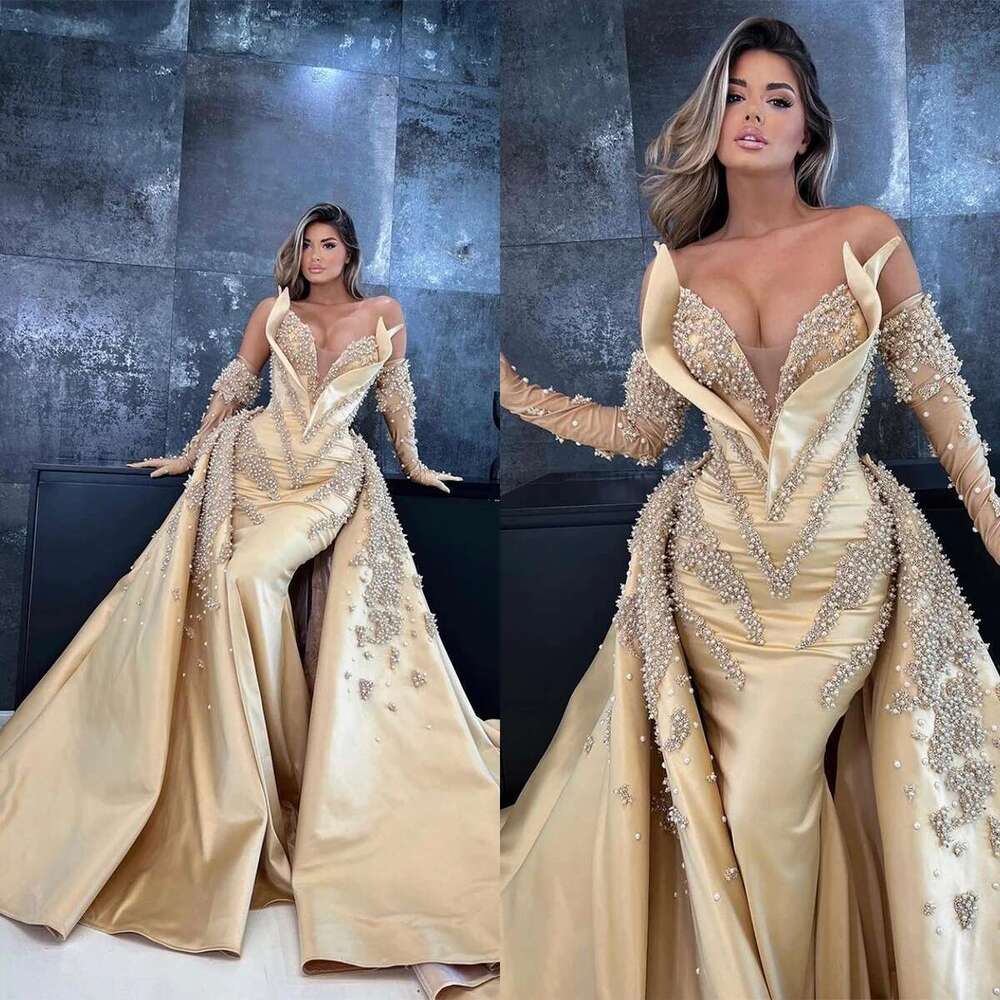 uosos Evening Champagne, Full V-neck, Beading Mermaid Prom Dress, New Designed Pearls, Formal Party Dresses