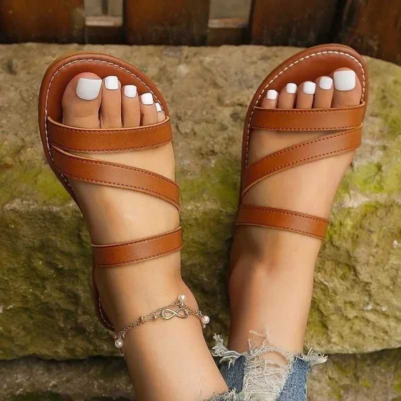 Rimocy Summer Flat Heel Sandals for Women Casual Plus Size 42 Beac Woman Pu Leather Strap Slip- Gladiator SandalsXJ250311
