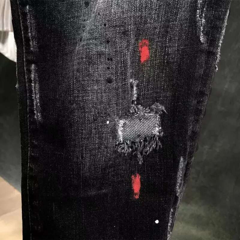 New 2025 Men s Work Pants With Holes Black Denim Hip hop Dot Ink Slim Fit Jeans Fashionable Designer Hip-hop Trend Outdoor Casual Pants Sports Pants