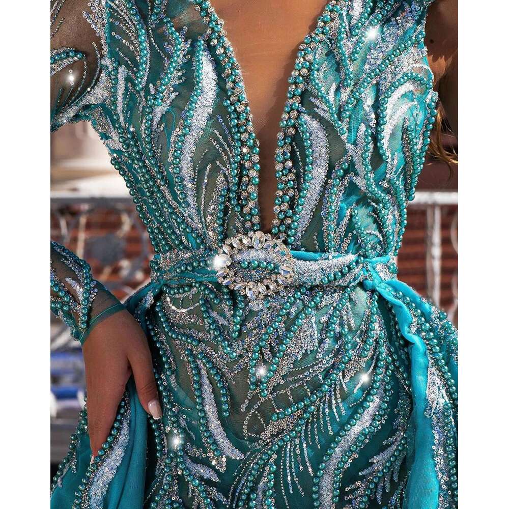 Sequin One Shoulder Dresses Deep V Neck, Mermaid Pearl Prom Detachable evening Party Dress Exquisite Sexy