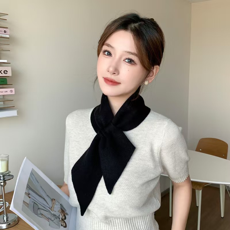 K097 Scarf for winter warmth 2025 autumn and winter new style solid color versatile thickened velvet short cross scarf knitted scarf