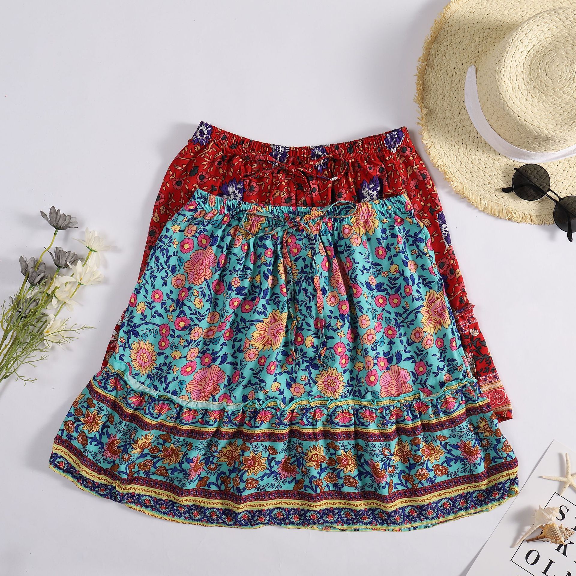 Internet Celebrity Printed Short With Elastic Waist And Small Bow, Ethnic Style Lotus Leaf Edge Beach Skirt