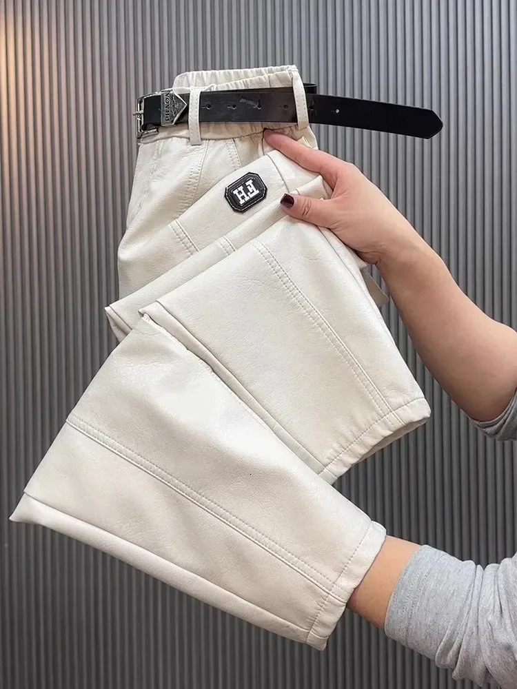 Fashion Y2k Leather Pants High Quality PU Casual Straight Leg Pants Loose Slimming Plus Size Highs Waist Hair Trousers Women 250305