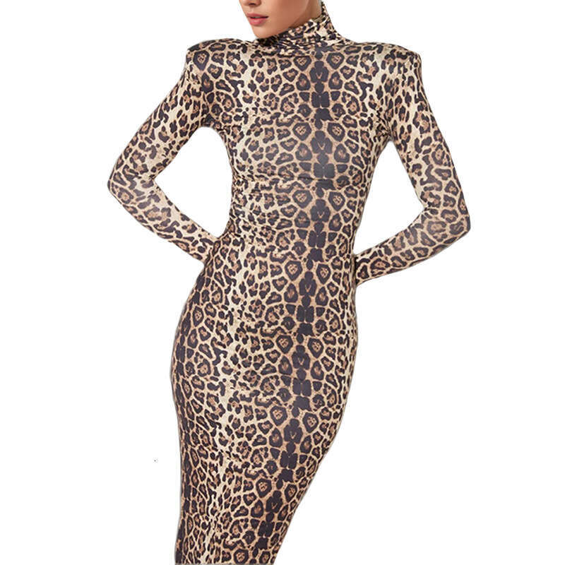 2025 Spring New Women's Clothing Style Slimming Bag Hip Print Leopard Pattern Round Neck Long Sleeve Dress For Women KLMY
