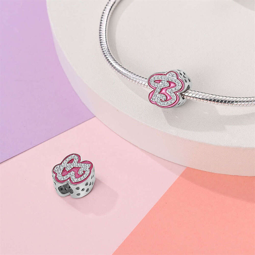 Pink English Letter Pendant Beads Charms DIY Jewelry Accessories Bracelet 925 Sterling Silver New Style For women gift