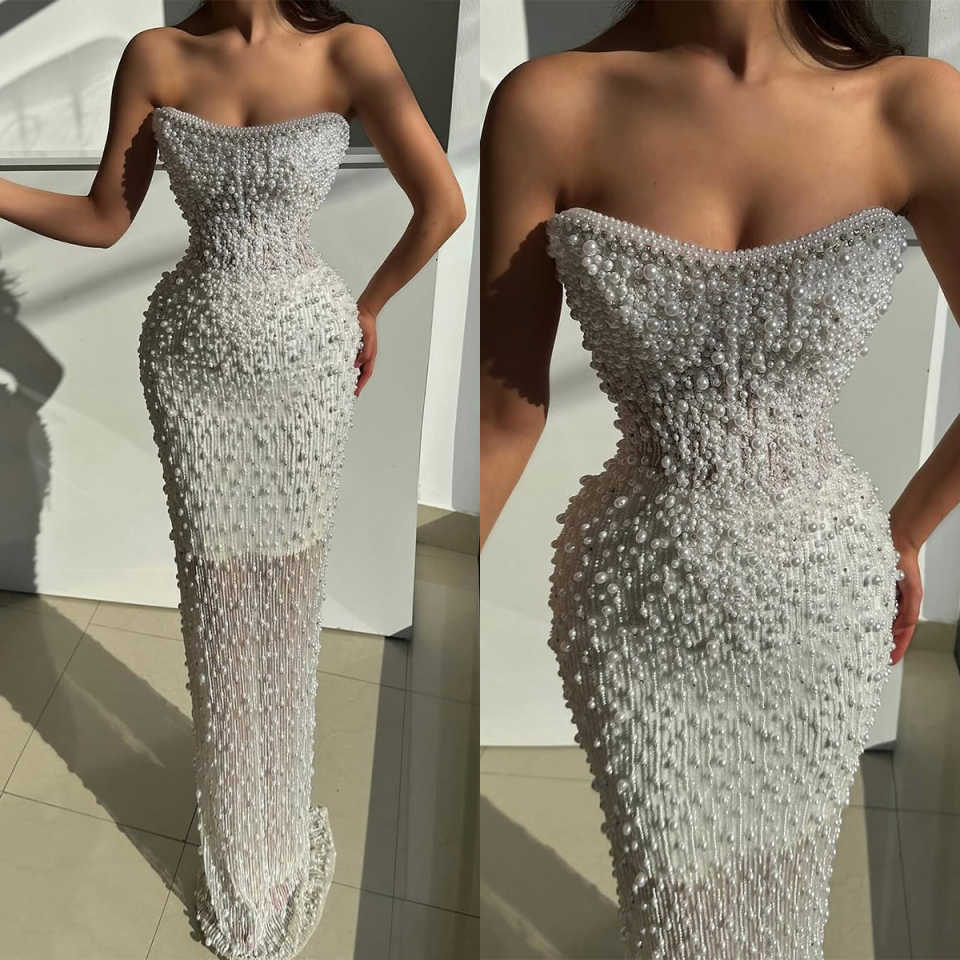 Mermaid Wedding Dress Strapless Sleeveless Bridal Gowns Pearls Beaded Sweep Train Dresses Custom Made vestidos de novia