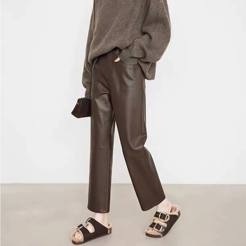 100 Leather Pants Women Autumn Winter Fashion Sheepskin High Waist Slim French Baguette Pants Casual Straight Cropped Trousers 250305