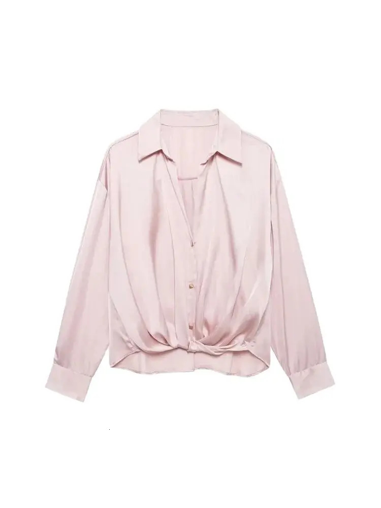 TRZA Loose Womens Shirt with Knot Satin Long Sleeve Front Button Top Fashion 250311