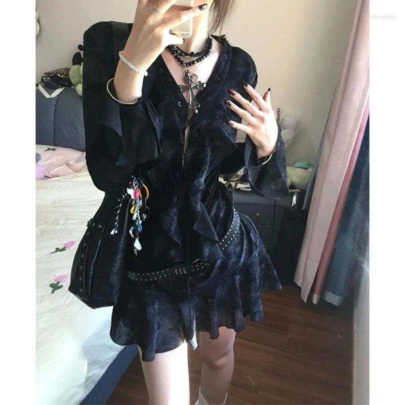 Casual Dresses Y2K Ruffles Mini Dress Women Haruku Vintage Bandage Summer Gothic Aesthetic Sexy V Neck Long Sleeve Bodycon Vestidos