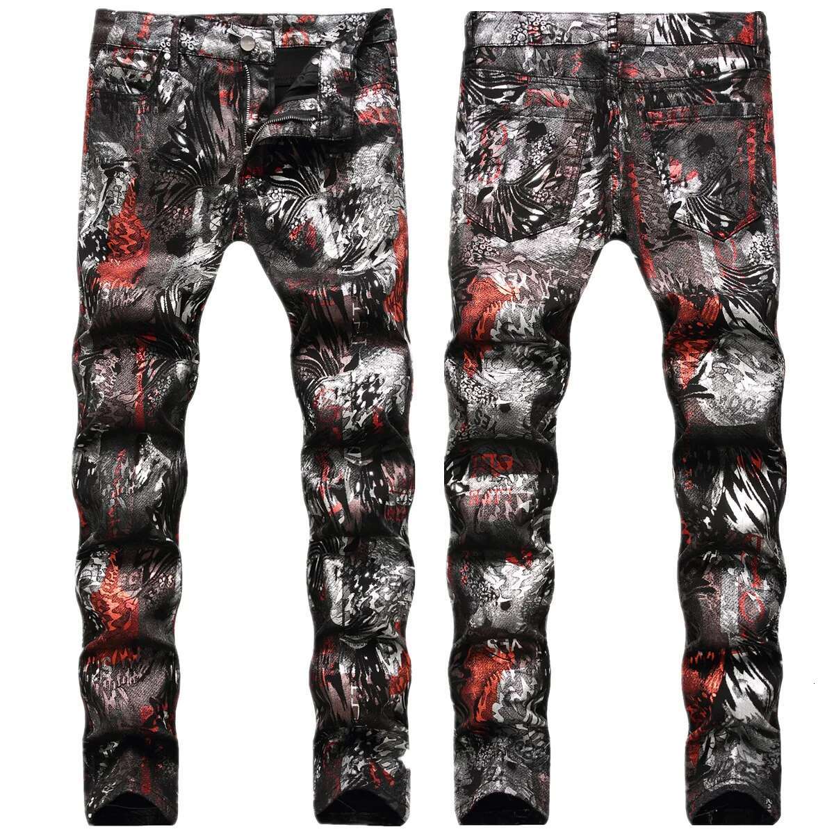 Black Small Leg PU Slim Fit Casual Punk Hip hop Print Pattern Fashion Designer Popular Men s Pants Four Season Jeans Outdoor Casual Pants 2025 New Sty