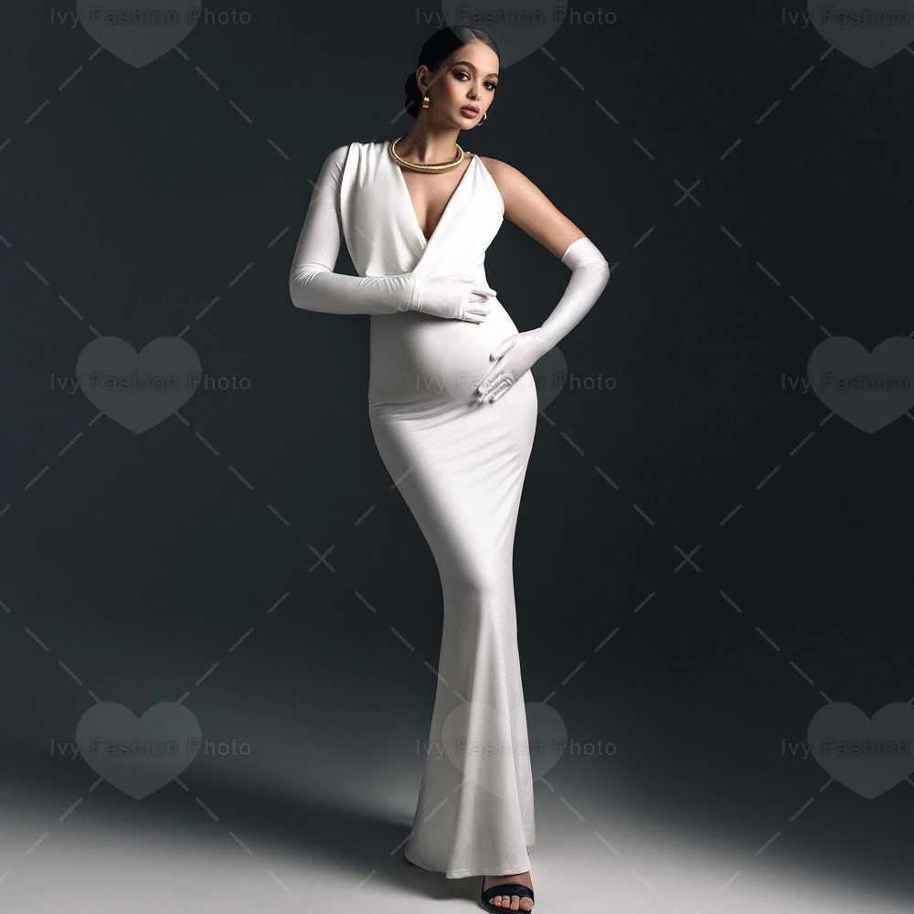 Photo shoot Pregnant womens party dress with solid color single shoulder slim fit elastic fabric X250224