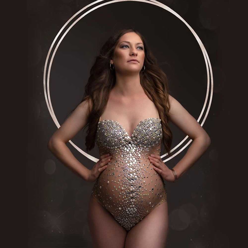 Sexy Maternity Dress Goddess V Neck Rhinestones Pearls Luxurious Stretch Jumpsuits Pregnancy Dress for Photo Shoot Props Clothes X250224