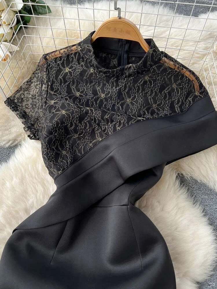 XFPV Women's A-E Splice Irregular Party Dress 2025 Spring Summer Fashion Short Sleeved High Waist Black Evening Dresses Sm003