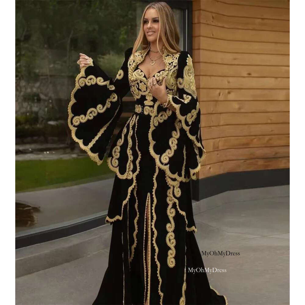 2025 Traditional Kosovo Albanian Evening Dress Kaftan Moroccan Long Sleeve Gold Applique Muslim Arabic Prom Gown