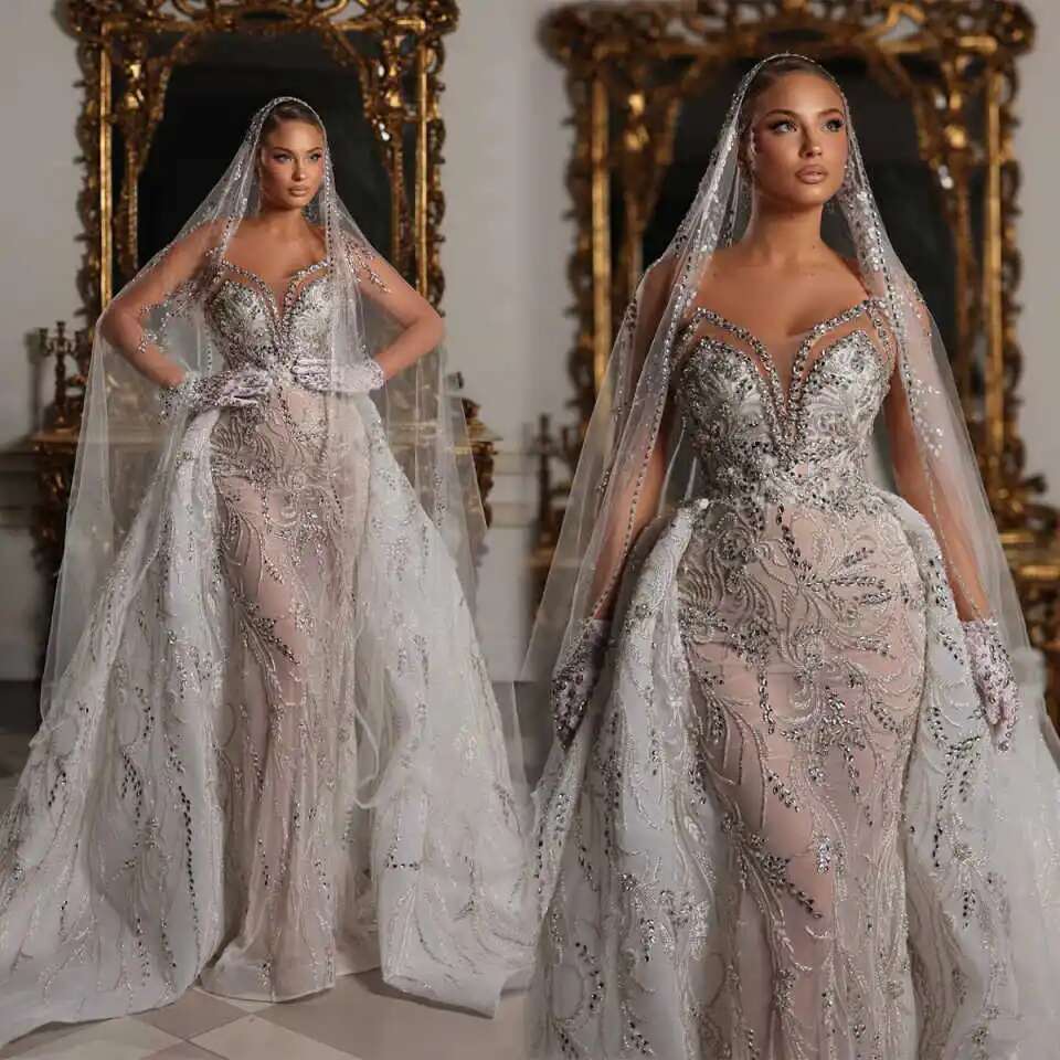 Beading v neckline mermaid sexy dress sequins lace arabic sleeveless custom wedding dresses