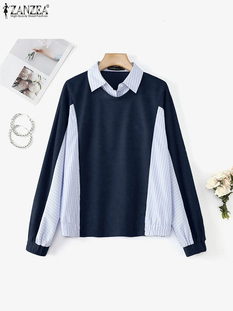 ZANZEA Womens Sweatshirts Spring Casual Stripe Shirt Two Pieces Tops Elegant Long Sleeve Patchwork Blouse Female Work Blouses 250311
