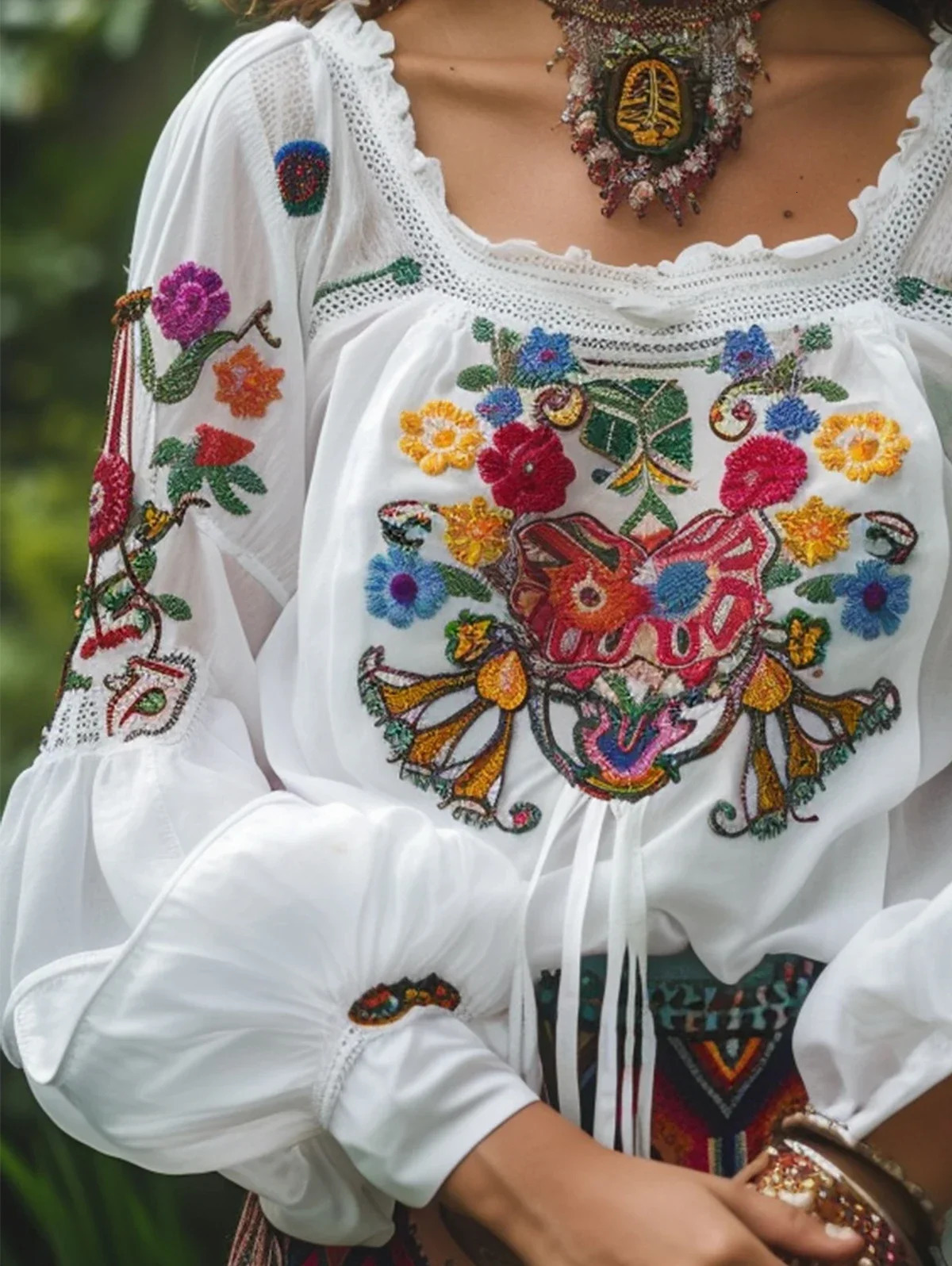 Boho Womens Shirt and Blouse Flower Print Lantern Sleeves Sexy Lace Patchwork Hollow Square Neck Tops 250310