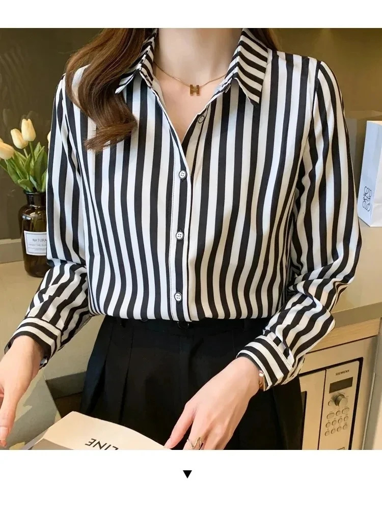 Women Shirt Black and White Striped Button Down Long Sleeve Oversize Boyfriend Blouse Tops blouses for women Outfit 250310