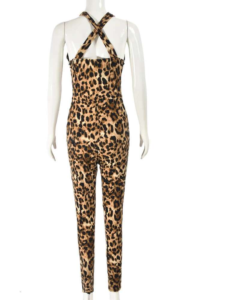 Beyprern Wild Cut-Out Leopard Print Corset Jumpsuit Fiess Rompers One Piece Outfits Womens Mesh Patchwork Long Pants Overalls