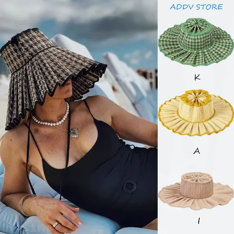 Y2K Parent-Child Summer Reversible Pleated Sun Hats for Women Casual Straw Hat Outdoor Beach Shade Straps Lady Caps Hats 250311