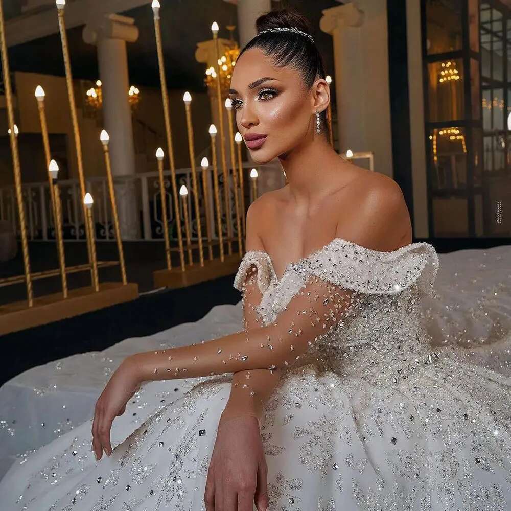 Arabic Crystals uoso Dresses Ball Gown Off Shoulder Lace Sequins Beads Custom Wedding Dress