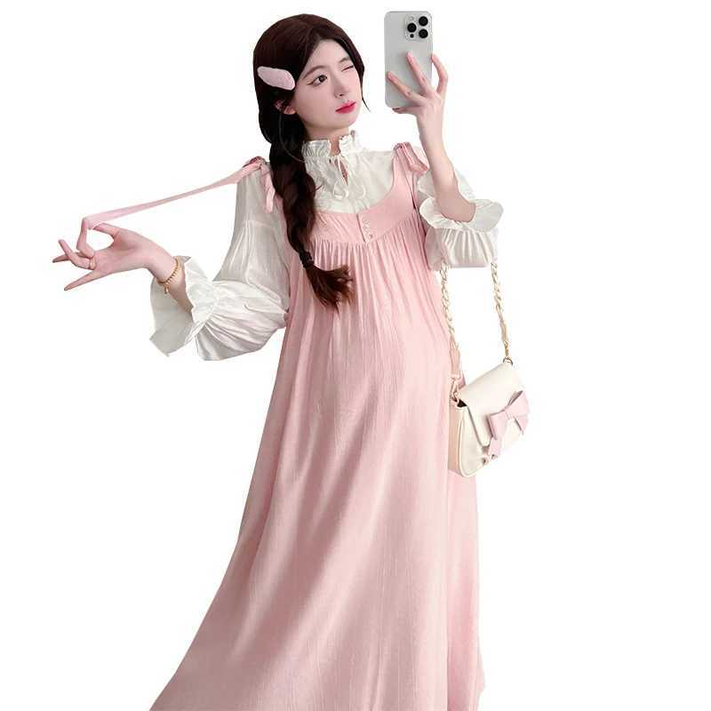 Plus Size Maternity Summer Dress with Pockets Pink Long Loose Pregnant Womens Strap Dresses Sweet Pregnancy Holiday ClothesT250311