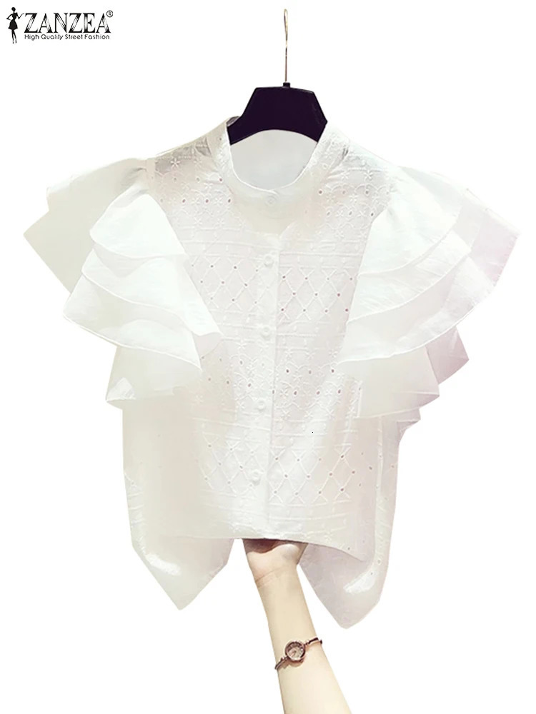 ZANZEA Korean Lace White Shirt Women Fashion Ruffle Short Sleeves Tops Summer ner Blouse Office Lapel Neck Buttons Top 250310